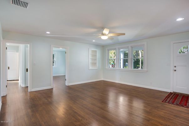 Empty room, Interior, Recessed Lighting, Wood Texture Flooring