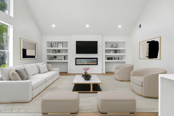Fireplace, Interior, Living room, Recessed Lighting, Wood Texture Flooring