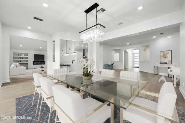Chandelier, Dining room, Interior, Kitchen, Living room, Pendant Lights, Recessed Lighting, Wood Texture Flooring