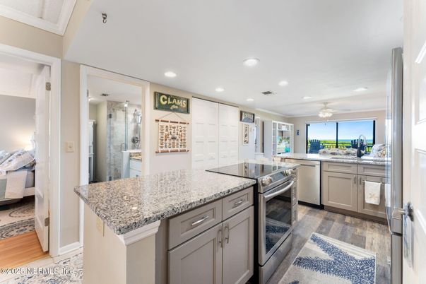 Interior, Kitchen, Recessed Lighting, Stainless Steel Appliances, Wood Texture Flooring