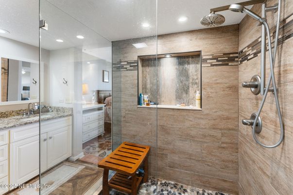 Bathroom, Glass Shower, Interior, Recessed Lighting, Wood Texture Flooring