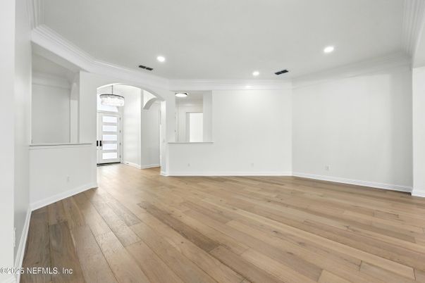 Chandelier, Empty room, Interior, Recessed Lighting, Wood Texture Flooring