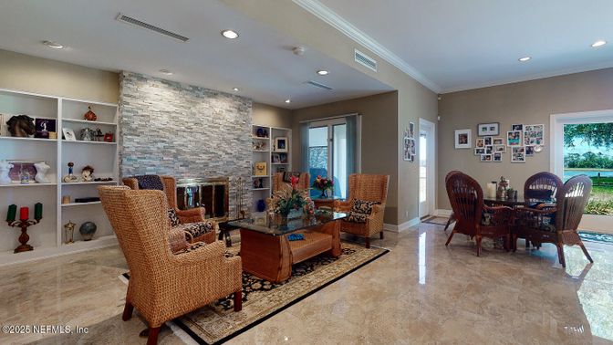Dining room, Fireplace, Interior, Living room, Recessed Lighting, Stone Walls
