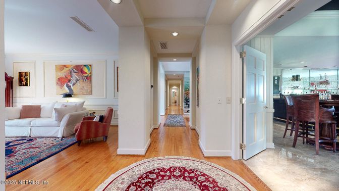Dining room, Interior, Living room, Recessed Lighting, Wood Texture Flooring
