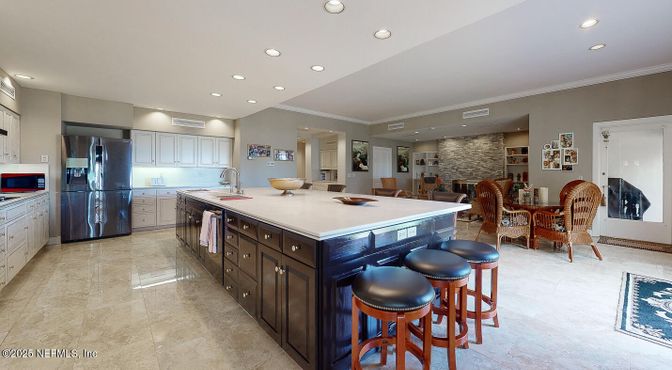 Dining room, Interior, Kitchen, Recessed Lighting, Stainless Steel Appliances, Stone Walls