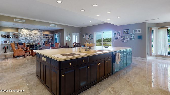 Dining room, Fireplace, Interior, Kitchen, Living room, Recessed Lighting, Stone Walls