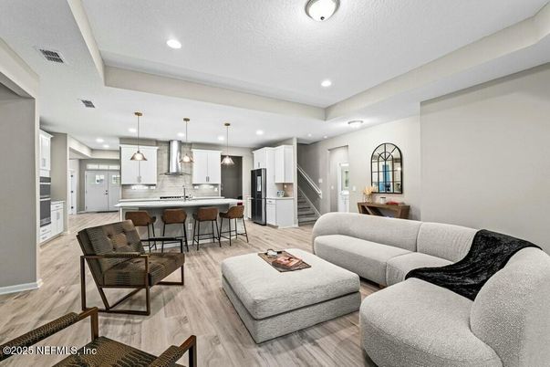 Interior, Kitchen, Living room, Pendant Lights, Recessed Lighting, Wood Texture Flooring