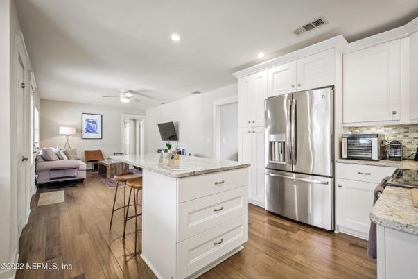 Interior, Kitchen, Living room, Recessed Lighting, Stainless Steel Appliances, Wood Texture Flooring