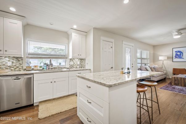 Interior, Kitchen, Living room, Recessed Lighting, Stainless Steel Appliances, Wood Texture Flooring