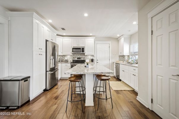 Interior, Kitchen, Recessed Lighting, Stainless Steel Appliances, Wood Texture Flooring