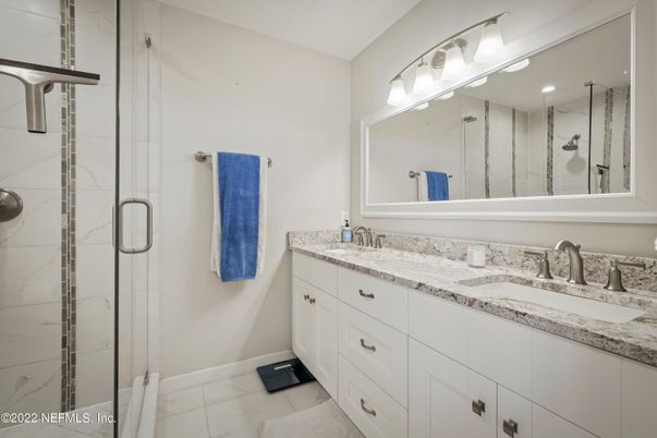 Bathroom, Dual Sink Vanities, Glass Shower, Interior, Marble Walls