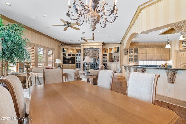 Chandelier, Dining room, Fireplace, Interior, Kitchen, Living room, Recessed Lighting