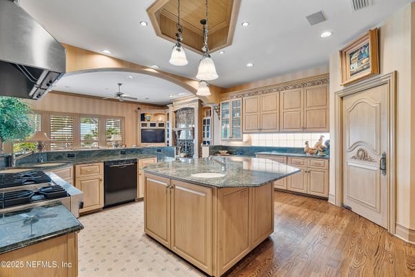 Interior, Kitchen, Pendant Lights, Recessed Lighting, Stainless Steel Appliances, Wooden Ceilings, Wood Texture Flooring