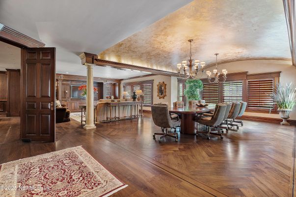 Chandelier, Dining room, Interior, Wood Texture Flooring