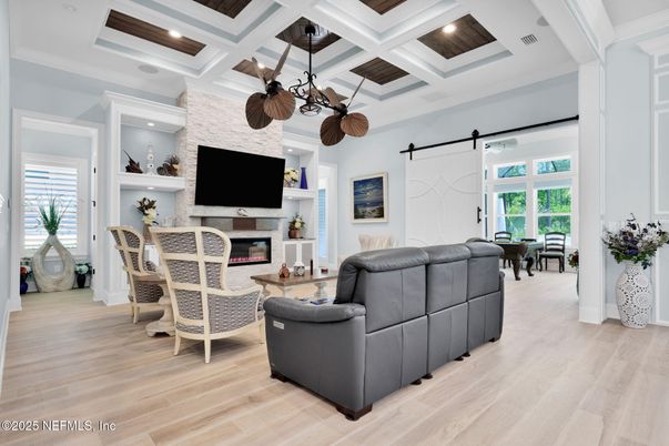 Fireplace, Interior, Living room, Recessed Lighting, Wood Texture Flooring
