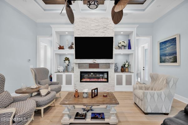 Fireplace, Interior, Living room, Recessed Lighting, Wood Texture Flooring