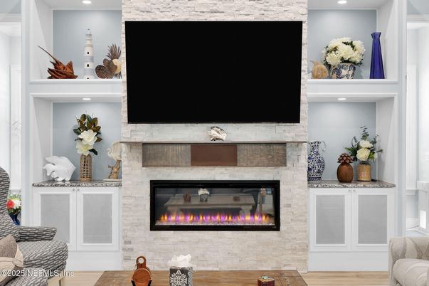 Fireplace, Interior, Recessed Lighting, Wood Texture Flooring