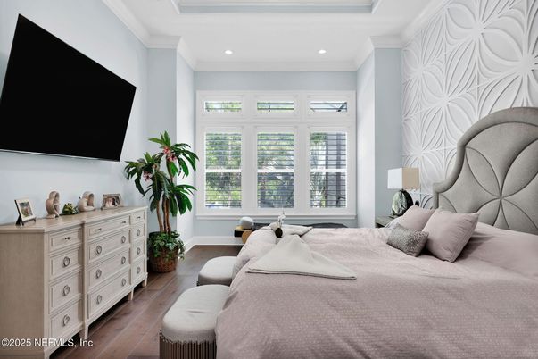 Bedroom, Interior, Recessed Lighting, Wood Texture Flooring