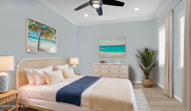Bedroom, Interior, Recessed Lighting, Wood Texture Flooring