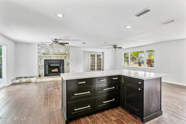 Fireplace, Interior, Recessed Lighting, Wood Texture Flooring