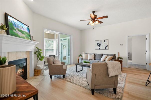 Fireplace, Interior, Living room, Recessed Lighting, Wood Texture Flooring