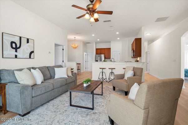 Interior, Kitchen, Living room, Pendant Lights, Recessed Lighting, Wood Texture Flooring