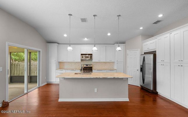Interior, Kitchen, Pendant Lights, Recessed Lighting, Stainless Steel Appliances, Wood Texture Flooring