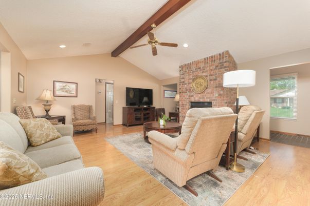 Fireplace, Interior, Living room, Recessed Lighting, Stone Walls, Wooden Beams, Wood Texture Flooring