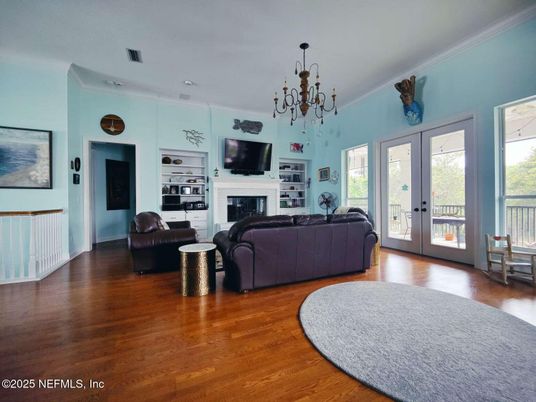 Fireplace, Interior, Living room, Pendant Lights, Wood Texture Flooring