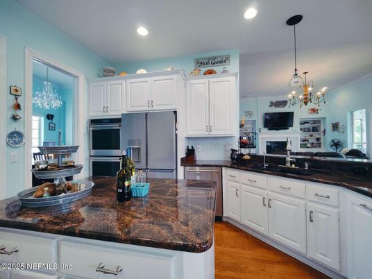 Chandelier, Interior, Kitchen, Pendant Lights, Recessed Lighting, Wood Texture Flooring