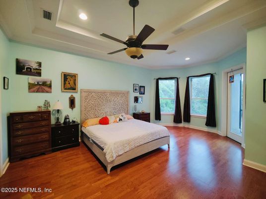 Bedroom, Interior, Recessed Lighting, Wood Texture Flooring