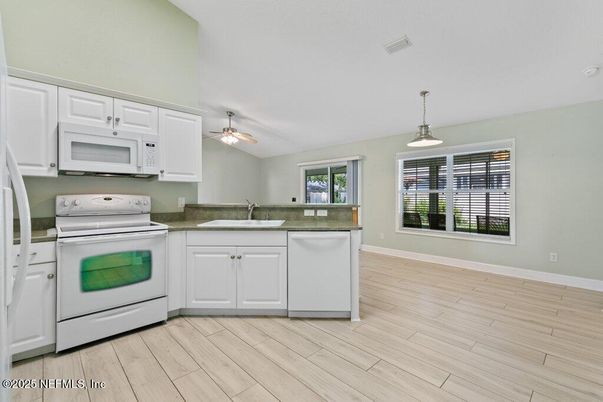 Interior, Kitchen, Pendant Lights, Wood Texture Flooring