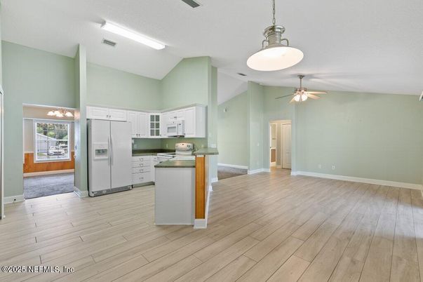 Interior, Kitchen, Pendant Lights, Wood Texture Flooring