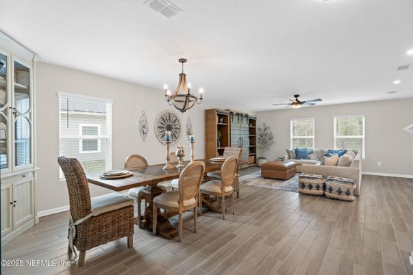 Chandelier, Dining room, Interior, Living room, Recessed Lighting, Wood Texture Flooring