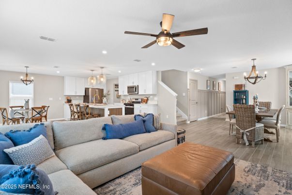 Chandelier, Dining room, Interior, Kitchen, Living room, Recessed Lighting, Stainless Steel Appliances, Wood Texture Flooring
