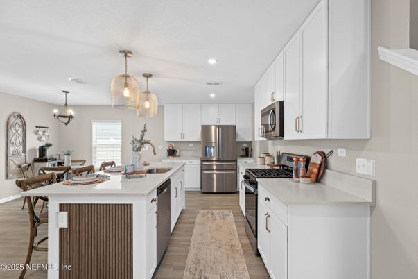 Chandelier, Dining room, Interior, Kitchen, Pendant Lights, Recessed Lighting, Stainless Steel Appliances, Wood Texture Flooring