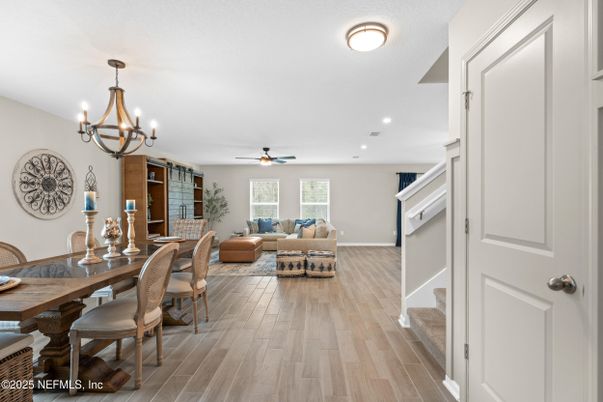 Chandelier, Dining room, Interior, Living room, Recessed Lighting, Wood Texture Flooring