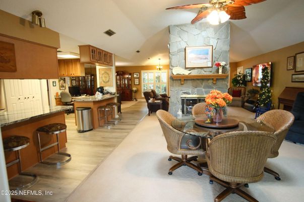 Dining room, Fireplace, Interior, Kitchen, Living room, Wood Texture Flooring