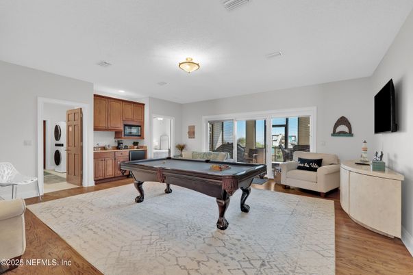 Billiard Table, Game Room, Interior, Recessed Lighting, Wood Texture Flooring