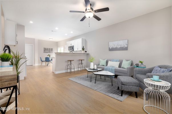 Dining room, Interior, Kitchen, Living room, Recessed Lighting, Wood Texture Flooring