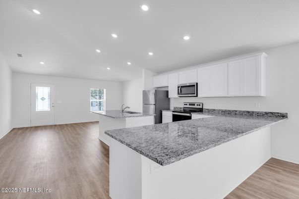 Interior, Kitchen, Recessed Lighting, Stainless Steel Appliances, Wood Texture Flooring