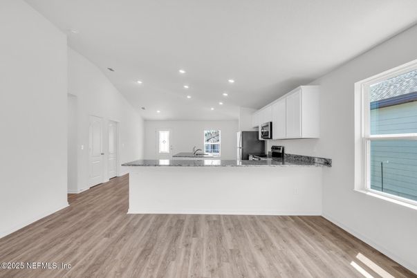 Empty room, Interior, Kitchen, Recessed Lighting, Wood Texture Flooring