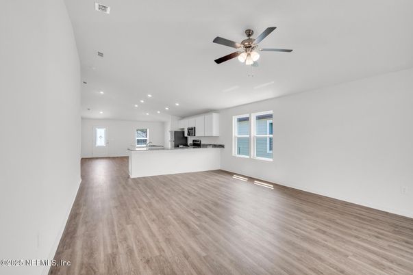 Empty room, Interior, Kitchen, Recessed Lighting, Wood Texture Flooring