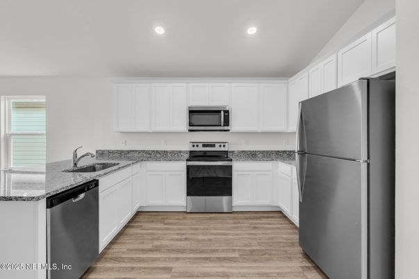 Interior, Kitchen, Recessed Lighting, Stainless Steel Appliances, Wood Texture Flooring