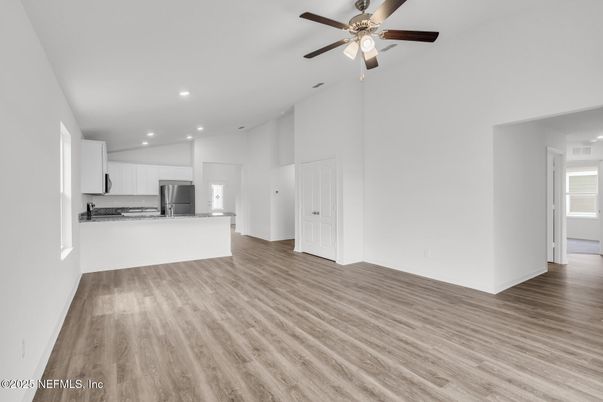 Empty room, Interior, Kitchen, Recessed Lighting, Wood Texture Flooring