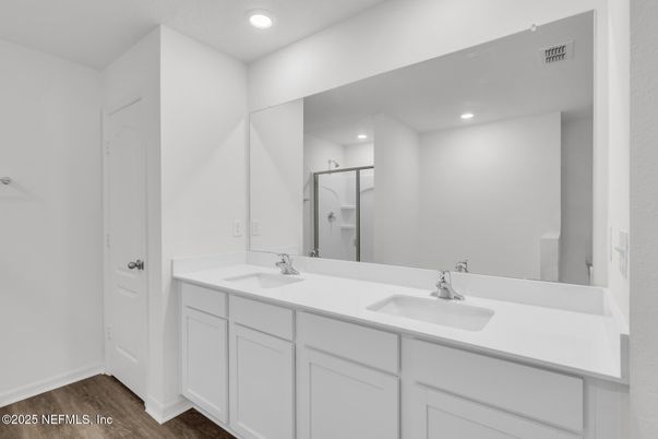 Bathroom, Dual Sink Vanities, Interior, Recessed Lighting, Wood Texture Flooring