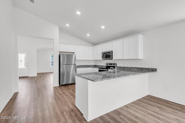 Interior, Kitchen, Recessed Lighting, Stainless Steel Appliances, Wood Texture Flooring