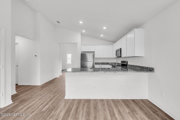 Interior, Kitchen, Recessed Lighting, Stainless Steel Appliances, Wood Texture Flooring