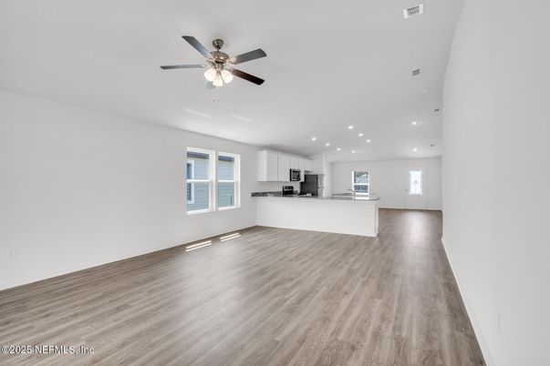 Empty room, Interior, Kitchen, Recessed Lighting, Wood Texture Flooring