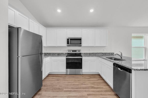 Interior, Kitchen, Recessed Lighting, Stainless Steel Appliances, Wood Texture Flooring
